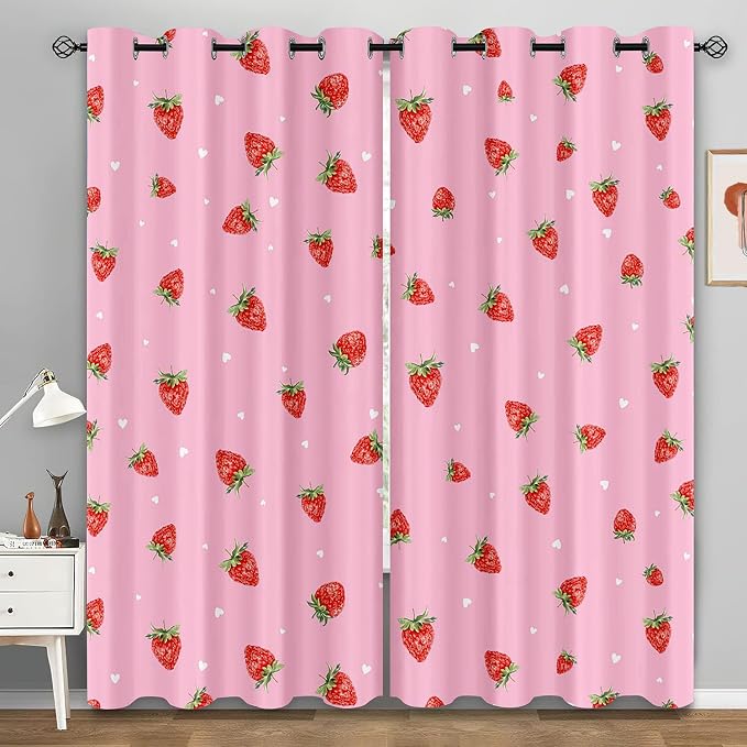 LUVIVIHOME Pink Strawberry Curtains, Cute Blackout Curtains, Girly Girls Bedroom Decor, Kids Curtains for Living Room, 2 Panel Sets, 52x63 Inch