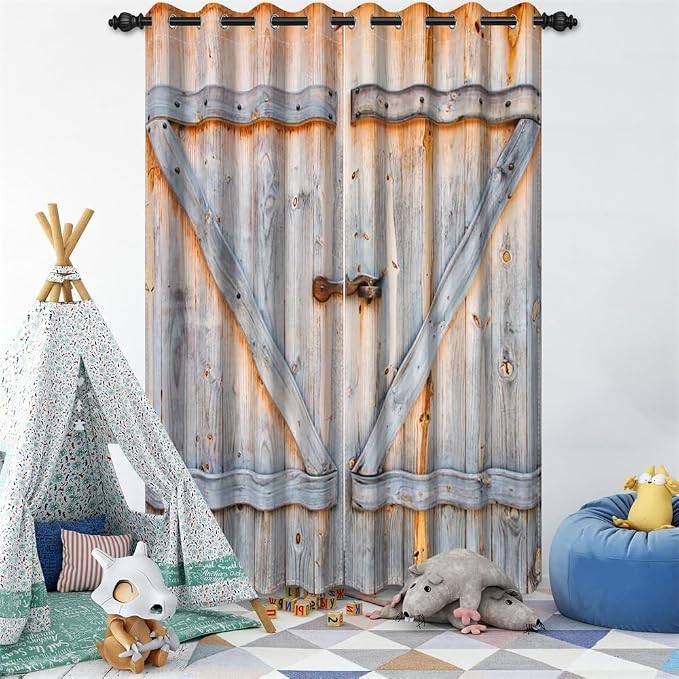 Closed Wooden Door Window Curtains Rustic Vintage Barn Door Kitchen Curtains Countryside Farmhouse Old Wood Planks Light Blocking Bedroom Drapery Treatments with Grommets,26x84 inch,2 Panels