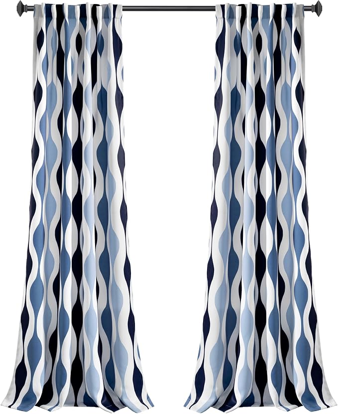 Lush Decor Mid Century Geo Room Darkening Window Curtain Panels Pair 52" W x 84" L Blue & Navy - Retro Curtains for Living Room - Vintage Drapes