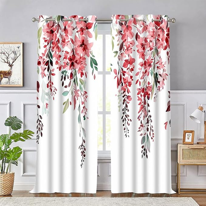 Red Watercolor Floral Curtains 84 inches Long, Botanical Leaves Vine Flowers Rustic Farmhouse Curtains, Blackout Window Treatment Drapes for Bedroom Living Room 42x84inch, 2 Panels