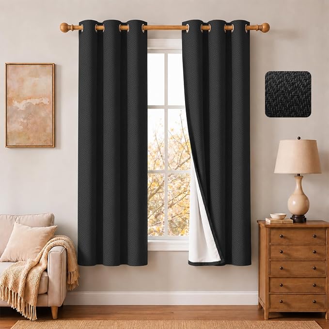 2 Panels 100% Blackout Linen-Textured Curtains, Thick Thermal Insulated Grommet Drapes with Subtle Herringbone Weave, Luxury Decor for Bedroom/Living Room, 37 x 72 Inches, Black