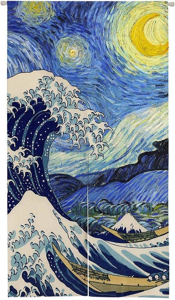 Ofat Home Great Wave & Starry Night Noren Curtain 33.5" x 59" | Japanese and Van Gogh fusion artwork, lightweight decorative fabric curtain for apartment or doorway