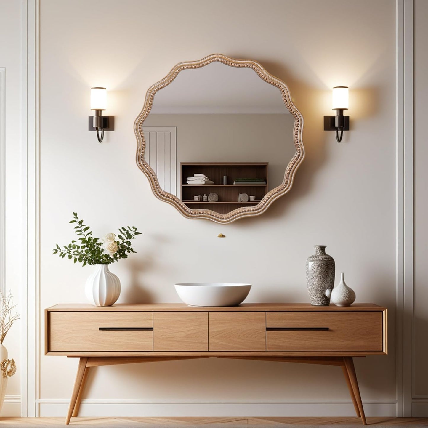 Round Mirror Vanity Mirrors for Bathroom with Wavy Wood & Beaded Frame - Wall Mirrors for Living Room,Entry Mirrors for Wall,Decorative Mirror