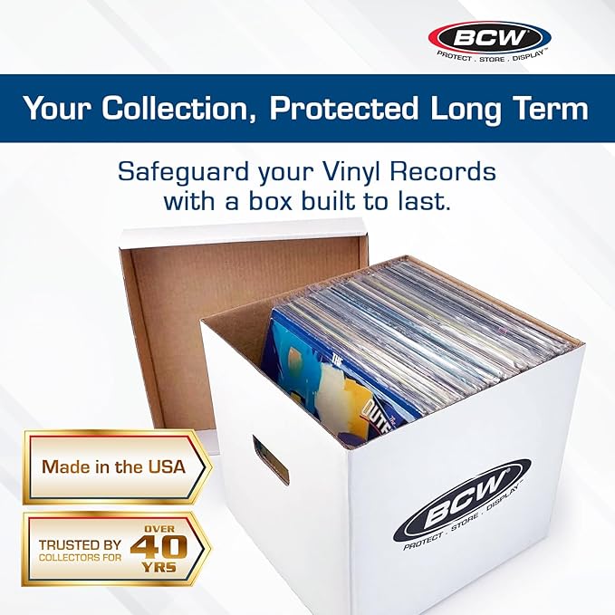 BCW Vinyl Record Storage Boxes – 5 Pack | Holds 65 LPs Each | Stackable Vinyl Record Storage Box with Reinforced Bottom & Handles | Archival Record Organizer for 12-Inch Albums, DJs & Collectors