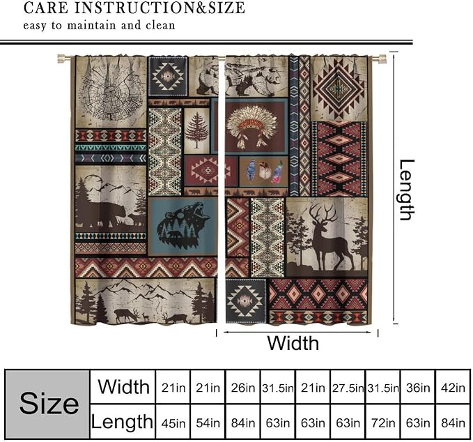 Rustic Cabin Blackout Curtains for Kitchen Country Retro Aztec Southwest Native American Farmhouse Woodland Wildlife Camping Window Treatments for Farmhouse Bedroom Living Room 84x84in