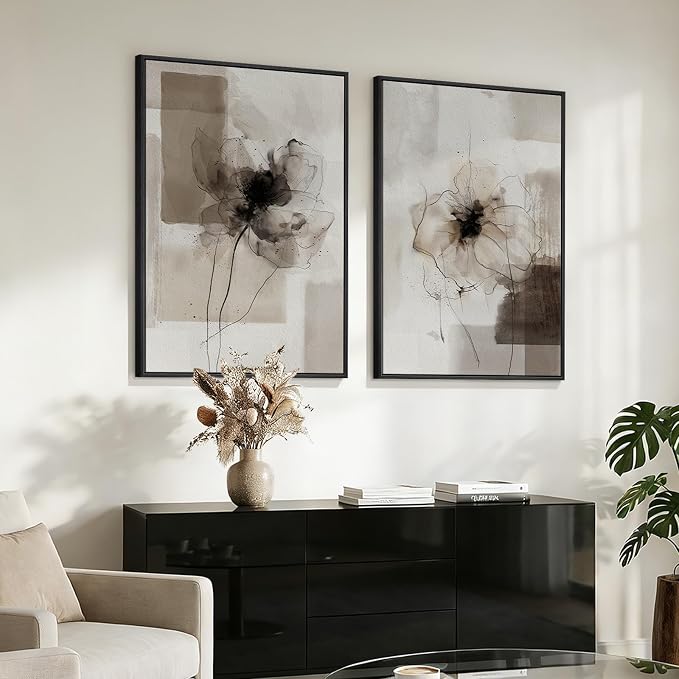 Framed Neutral Abstract Floral Wall Art for Living Room, Set of 2 Black and Brown Canvas Prints Artwork for Walls, Large Modern Minimalist Flower Earthy Pictures Bedroom Hallway Wall Decor, 24x36 Inch