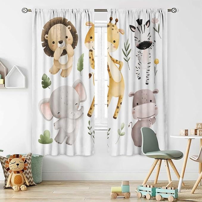 Nursery Curtains Jungle Safari Theme with Giraffe Print, Kids Room Classroom Decor, 42x45 Inches, 75% Blackout Fabric for Baby Nursery, Animal Cub Design, Easy Install & Machine Washable