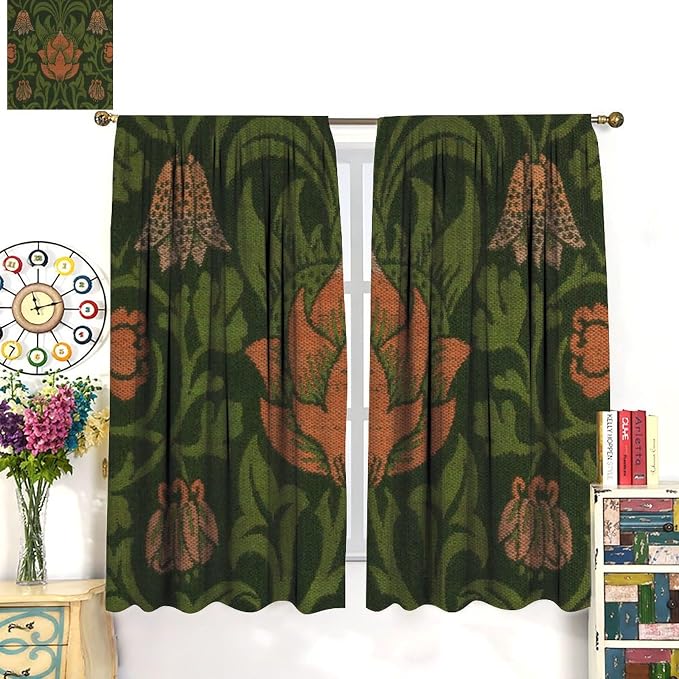 Vintage Bohemia William Morri Plant Flowers Blackout Window Curtains, Abstract Art Retro Plants Pattern Print Window Drapes, for Bedroom Living Room 26(W)*84(L) 2 Panels
