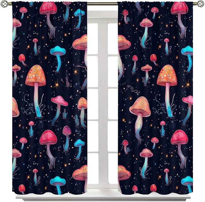 Fantasy Mushroom Curtains,Colorful Plant Print Window Treatments for Bedroom Living Room Kitchen Cartoon Herbs Floral Polyester Fabric Window Drapes 2 Panels Set,Total Size 55 x 63 Inch