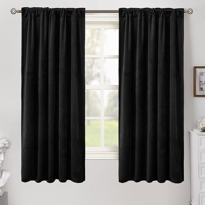 BGment 63 Inch Black Velvet Curtains for Bedroom, Halloween Blackout Curtains Thick Super Soft Thermal Insulated Back Tab and Rod Pocket Window Treatment Panels for Kitchen, 2 Panels, 42 x 63 Inch