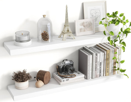 36 Inch Floating Shelves, 8 Inch Deep Floating Shelves for Wall, Hanging Shelf with Invisible Brackets, Deep Shelves for Bathroom, Bedroom, Living Room, White, Set of 2
