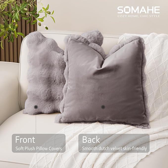 SOMAHE Decorative Sofa Pillows Cases Throw Pillow Covers Faux Fur Plush Pillowcase for Home Fluffy Soft Pillow Cover Grey 18x18 Inch