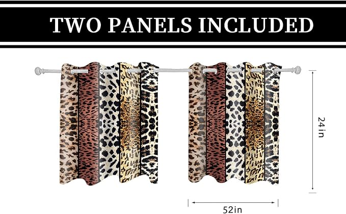 Wild Animal Print Curtain, Room Darkening Thermal Insulated Blackout Leopard Boa Window Drapes with Grommets for Living, Dining, Bedroom, Brown Leopard Print, 52"x 24", 2 Panels
