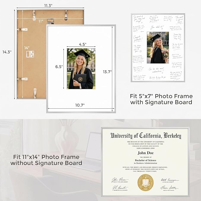 Signature Picture Frame 11x14, Aluminum Signable Frame with Mat, Silver | Sleek Silver Signable Frame with 5x7 Opening for Wedding, Graduation, Birthday & Baby Shower Guest Book | Wall Kit Included