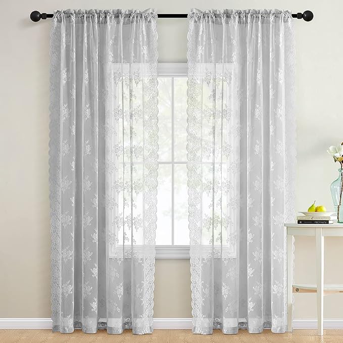 Kotile Grey Pattern Sheer Curtains 72 Inch Length, Country Rustic Floral Scalloped Grey Lace Curtains for Dining Room, Rod Pocket Privacy Vintage Sheer Lace Curtain, 52 x 72 Inch, 2 Panels
