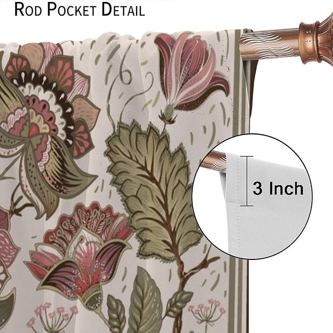 Vintage Floral Blackout Curtains, Bohemian Plant and Leaf Print, Blackout and Insulated Curtains for Bedrooms, Living Rooms, and Darkrooms42X45 Inch