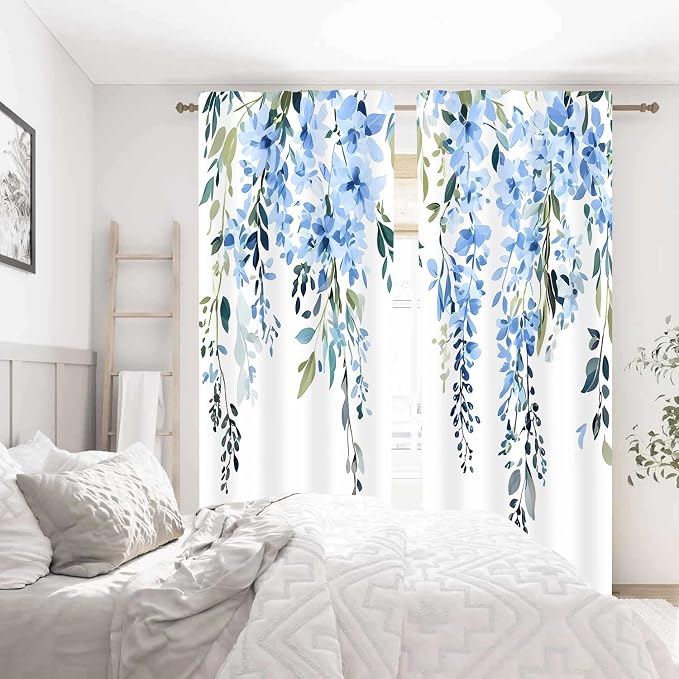 Blue Watercolor Floral Curtains, Botanical Leaves Vine Flowers Curtain, Rustic Farmhouse Flower Leaf Blackout Window Treatment Drapes for Bedroom Living Room 52x90 inch, 2 Panels