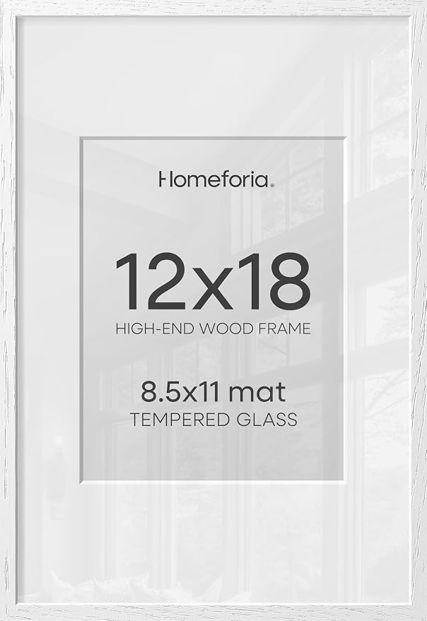 Homeforia 12x18 Frame White Wood, High End Oak 12x18 Poster Frame White with Mat 8.5x11 Print, 12 x 18 Wooden Picture Frames Matted to 8.5 by 11 Photo, 18x12 Frames, Tempered Glass, Wall Kit, Set of 1