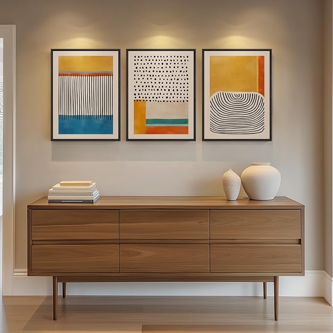 Framed Abstract Mid Century Modern Wall Art Bedroom, 3 Piece Colorful Bright Blue Yellow Canvas Artwork for Walls, Modern Paintings Prints Pictures for Living Room Hallway Kitchen Wall Decor, 12x16 In