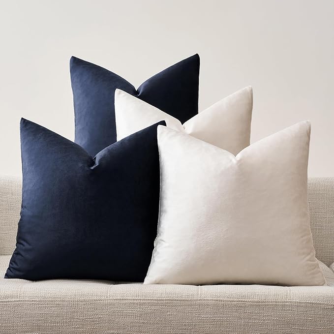 GIGIZAZA Decorative Velvet Pillow Covers - 16x16 Throw Pillows Soft Navy Blue Beige Covers Accent for Couch Living Room Bed Square Modern Luxury Cushion Covers Home Decor Set of 4