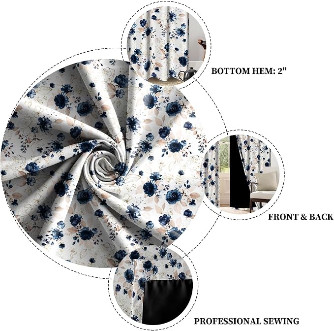Renaiss Blue and White Floral Blackout Curtains Gold Line Rose Flowers Thermal Insulated Window Drapes for Bedroom 29W x 55L inches 2 Panel Set Window Curtain Panels for Kitchen