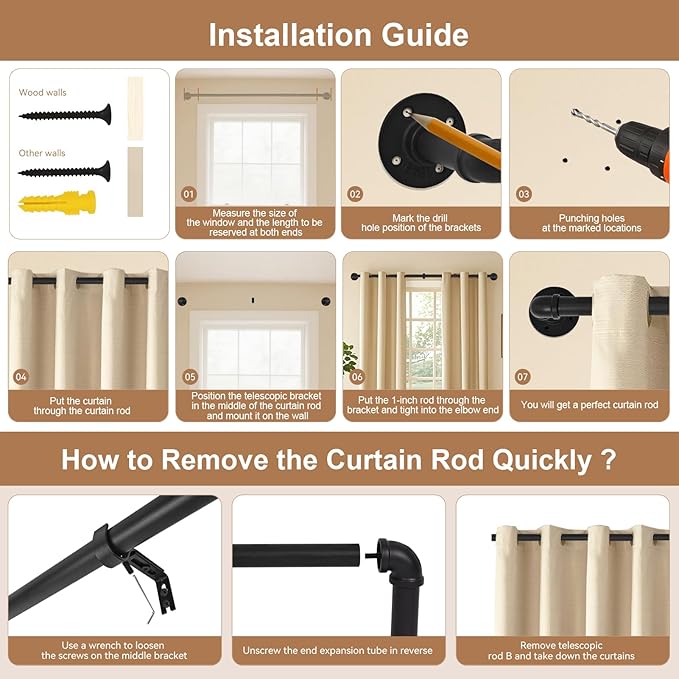 Heavy Duty Industrial Wrap Around Curtain Rod 32-48 Inch, 1-Inch Blackout Room Darkening Drapery Pole, Matte Black Rustic Pipe French Return Design for Indoor, Outdoor & Room Divider