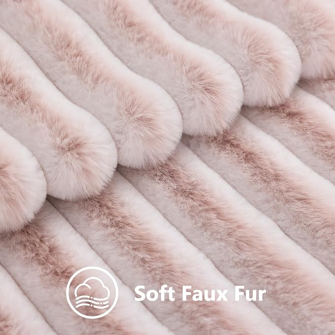 decorUhome Fall Cozy Faux Fur Throw Pillow Covers 22x22 Set of 2 Decorative Plush Striped Modern Farmhouse Boho Couch Euro Sham Pillow Cases with Velvet Back for Sofa Bed Living Room, Pink White