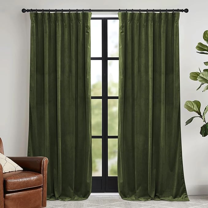 RYB HOME Elegant Green Velvet Curtains 120 inches Long, Light Blocking, Thermal Insulated, Stylish Velvet Drapes with Hook Belt for Cozy Home Aesthetics, 52" W x L120 L, 2 Panels Set