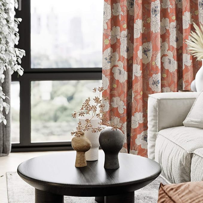 Taisier Home Stylish Faux Linen Curtains for Living Room/Bedroom | Privacy Added Light Reducing Flower Pattern Window Curtain Drapes (2 Panels) Grommet Top, 52x84 Inch, Orange
