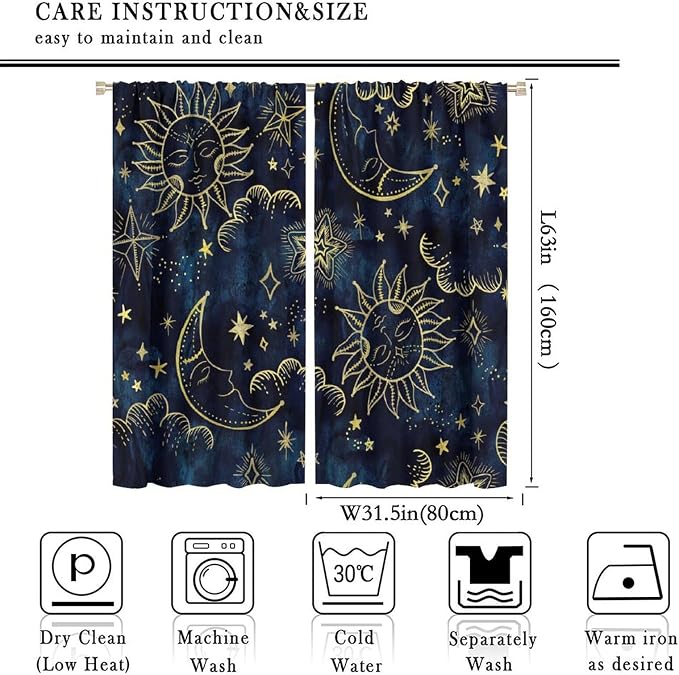Boho Sun Moon Blackout Window Curtains, Bohemia Theme Sun Moon Stars Print Pattern Rod Pocket Window Drapes, for Living Room Bedroom 63x63in 2 Panels