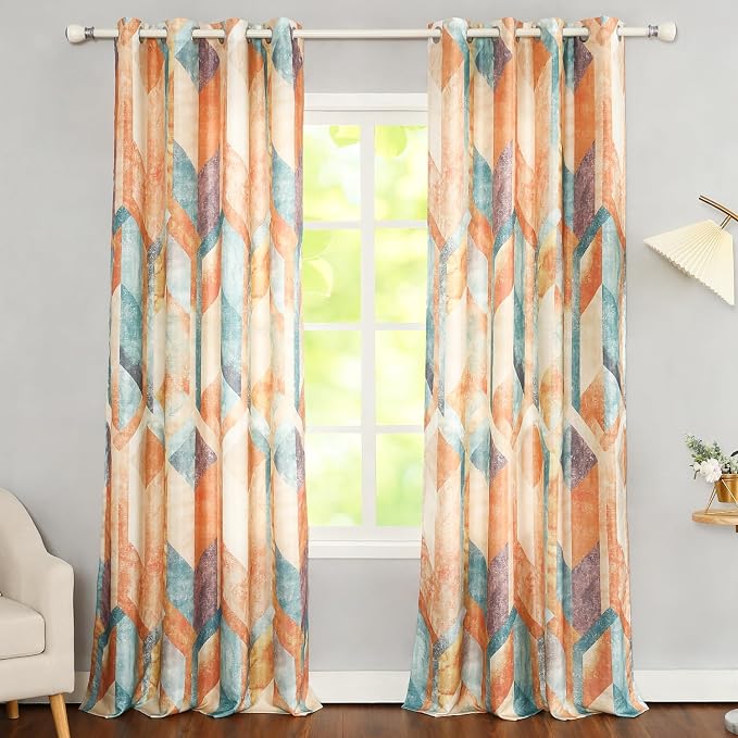 Leeva Window Treatment Curtains for Room Divider, Modern Printing Light Blocking Windows Curtain for Bedroom, Orange Linen Textured Drapes 106 Inches Long, Set of 2, 60 x 106