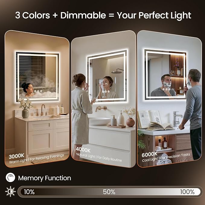 48X48 LED Bathroom Mirror with Lights, Anti-Fog, Backlit + Front Lit (CRI>90), Lighted Bathroom Vanity Mirror for Wall, Memory Function, Dimmable, Tempered Glass, Shatter-Proof