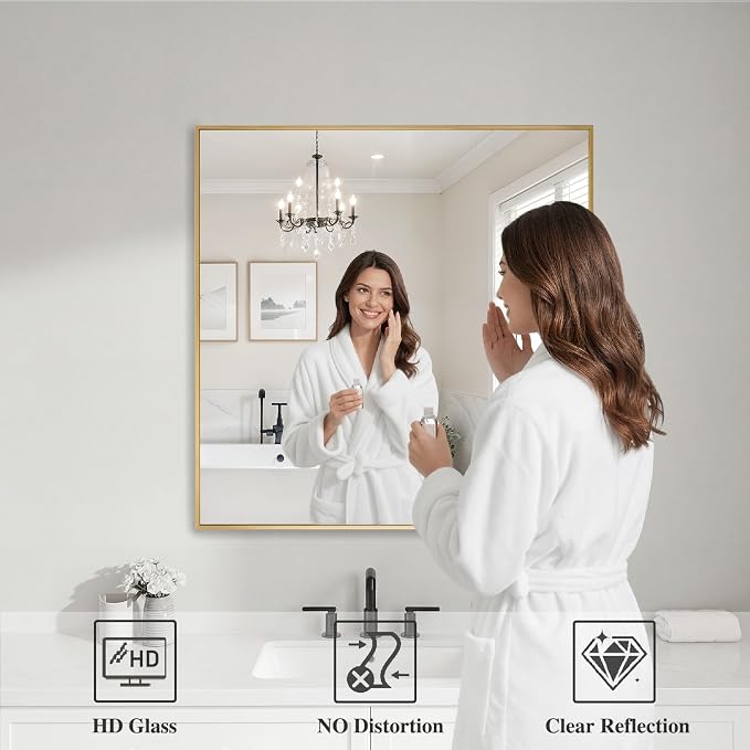 Koonmi Gold Mirrors for Wall, 30x30 Inch Bathroom Mirror, Rectangular Wall Mirror for Living Room Bedroom Bathroom, Hangs Horizontally or Vertically