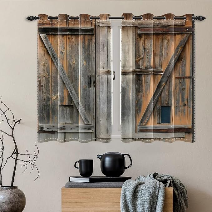 Old Grey Wood Barn Door Window Curtains American Rustic Garage Door Curtains Vintage Wooden Door Window Drapes Wood Planks Rural Style Native Farmhouse Bedroom Treatment,21x45 inch,2 Panels
