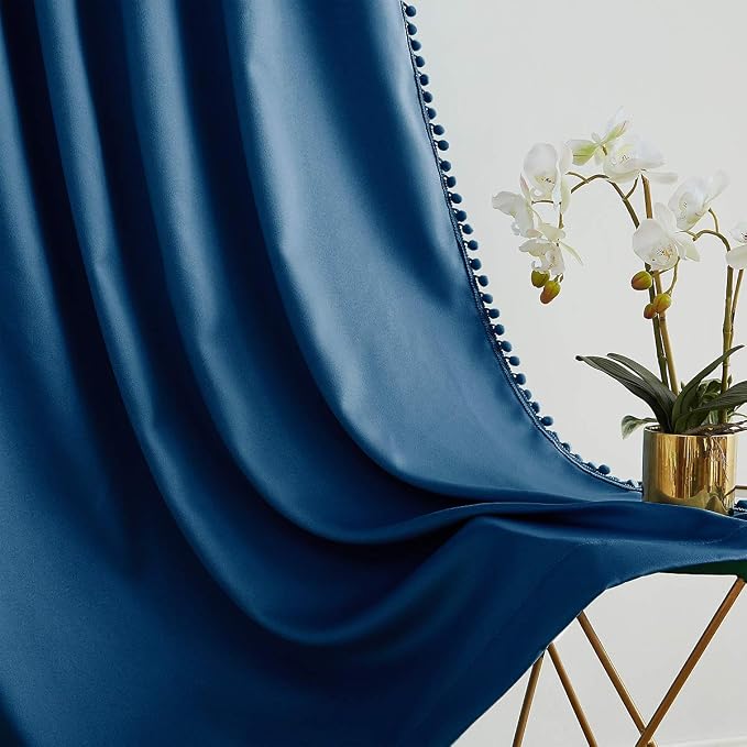 Treatmentex 100% Blackout Patio Door Curtains 100x84 Navy Blue Pom Pom Curtain Panels for Sliding Glass Door, Energy Efficient Thermal Insulated Blackout Curtains for Living Room Bedroom Grommet Top