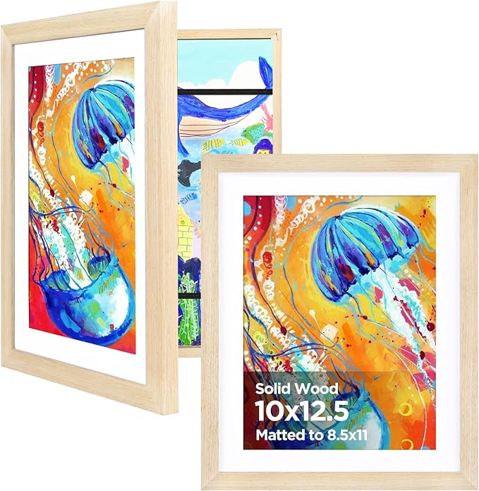 KINLINK 10x12.5 Kids Art Frame 2 Pack, Solid Wood Artwork Frames Changeable, Front Opening Hold 150 Pictures, Art Frames for Kids Artwork, 8.5x11 with Mat 10x12.5 without Mat, Picture Frames Natural