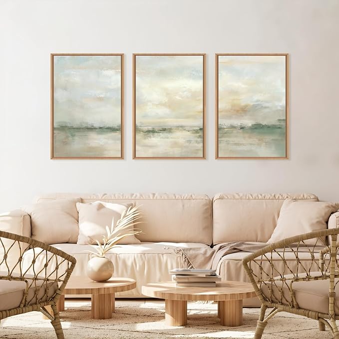 LHIUEM Large Abstract Green Gray Pastel Framed Canvas Wall Art,Neutral Landscape Wall Decor,Modern Watercolor Lake Artwork,Beige Textured Illustrations Art for Living Room,Bedroom,Office- 24"x36"x3