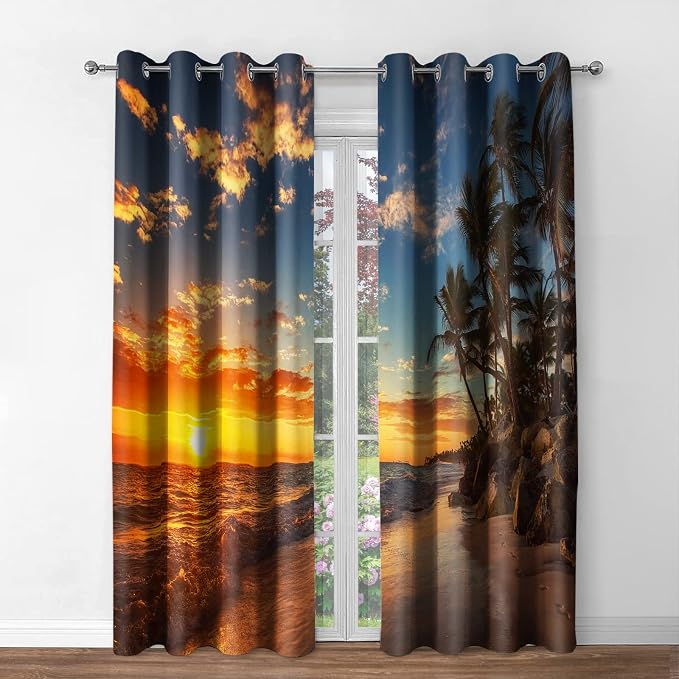 Jekeno Ocean Sunset Blackout Window Curtain - Beach Water Palm Tree Dusk Sky Landscape Blocking Drapes for Bedroom Living Room Nursery Decor Grommet Window Drapes 2 Panels Set 42"x 84"