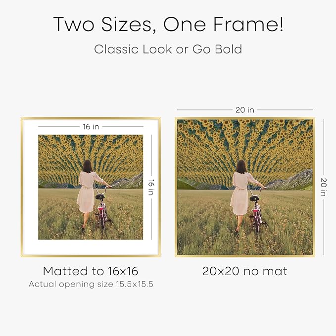 Homeforia 20x20 Picture Frame Gold, High End Metal 20 x 20 Square Poster Frame with Mat 16 x 16 Photo, 20x20 Frame Matted to 16x16 Print, 20by20 Gold Hanging Frames, Tempered Glass, Wall Kit, Set of 4