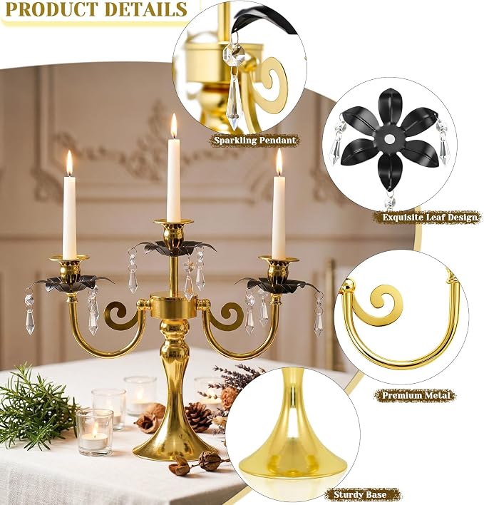 6 Pcs 3 Arm Black and Gold Candelabra Party Decorations - 11.8 Inch Tall Candle Holders, Elegant Taper Candlestick Stand for Wedding, Dining Table, Christmas Party Home Decoration