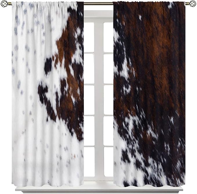 Cowhide Blackout Curtain, Western Cow Print Rustic Brown Black White Animal Fur Skin Drapes, Window Treatments Rod Pocket 2 Panels Curtains for Kitchen Bedroom Living Room Office Deocr 63"W X 63"L