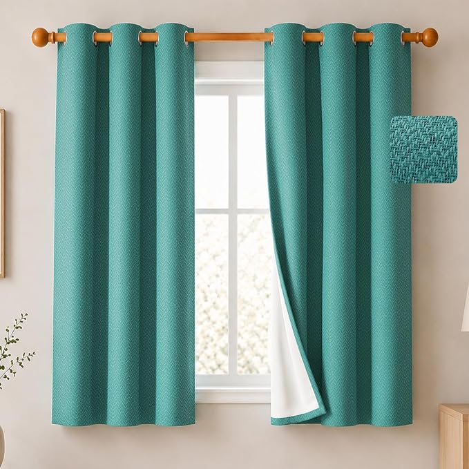 2 Panels 100% Blackout Linen-Textured Curtains, Thick Thermal Insulated Grommet Drapes with Subtle Herringbone Weave, Luxury Decor for Bedroom/Living Room, 37 x 54 Inches, Teal