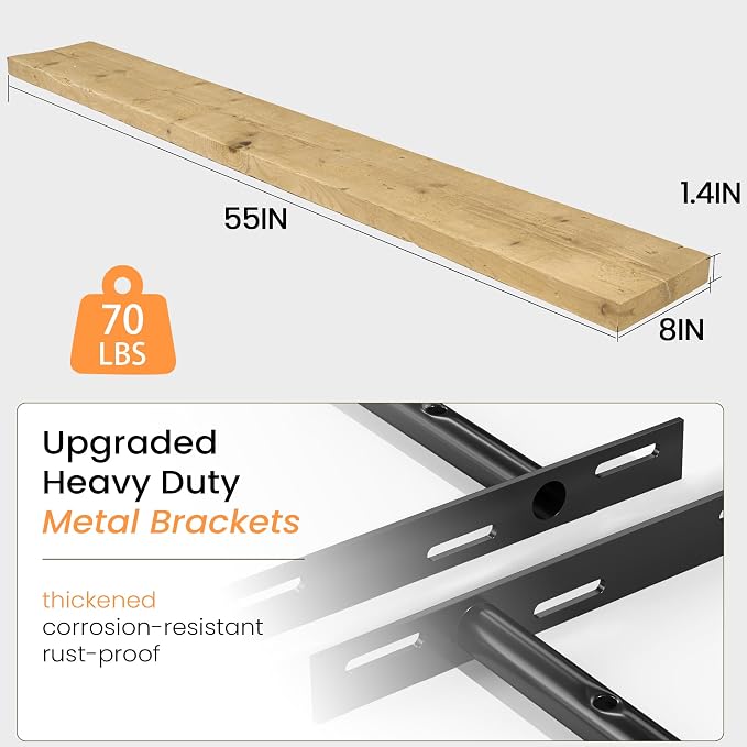 Fun Memories 55 Inch Reclaimed Wood Floating Shelves for Wall, 8 Inch Deep Extra Long Rustic Farmhouse Shelf with Invisible Brackets for TV Wall, Fireplace Mantel & Living Room, Natural