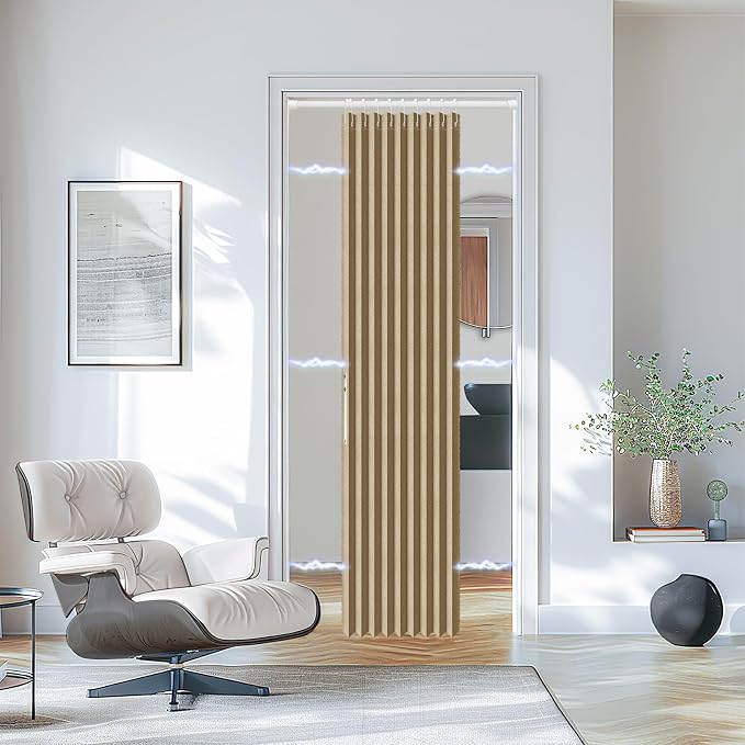 AJAZZ Set: Curtain Rods No Drilling (38-53" W Adjustable Range) & Accordion Door Curtain, Brown 53W×78" L, Accordion Doors for Closet Doorway Room Divider
