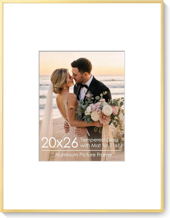 Signature Picture Frame 20x26, Aluminum Signable Frame with Glass, Gold | Elegant Gold Signable Frame with 11x14 for Wedding, Graduation, Birthday & Baby Shower Guest Book| Real Glass & Wall Kit