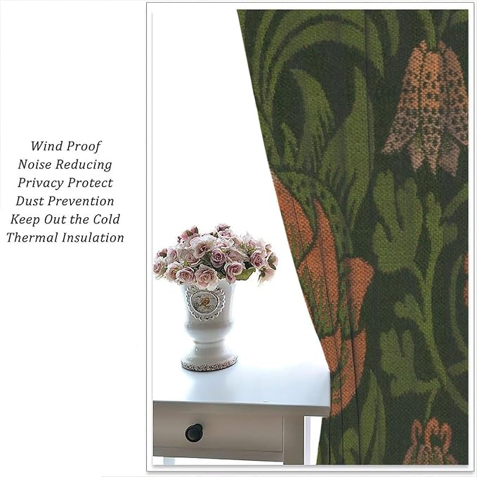 Vintage Bohemia William Morri Plant Flowers Blackout Window Curtains, Abstract Art Retro Plants Pattern Print Window Drapes, for Bedroom Living Room 31.5(W)*63(L) 2 Panels