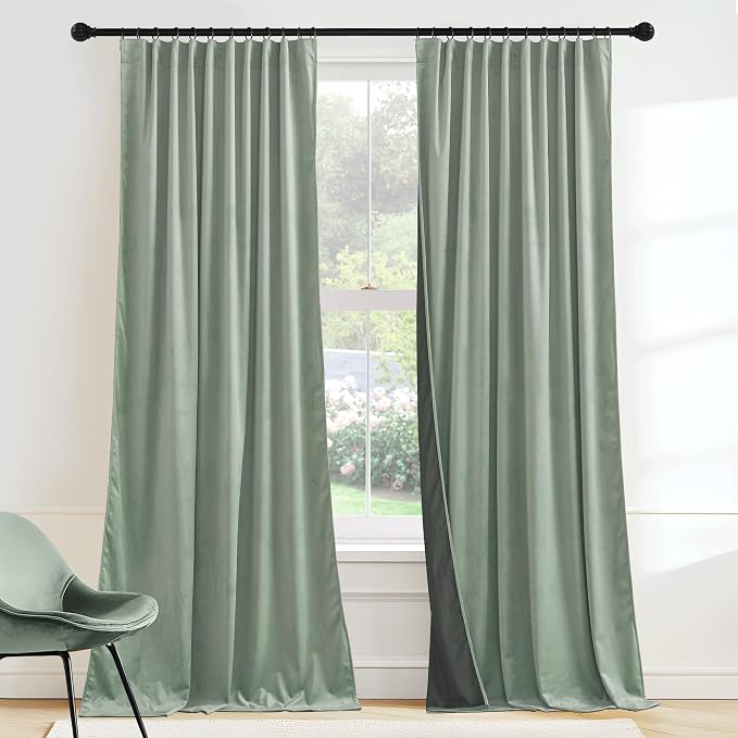 RYB HOME Mint Green Velvet Curtains 90 inches Long, Room Darkening, Floor-Length, Coastal Style Velvet Drapes with Hook Belt for Nursery Living Room Office, 62" W x L90 L, Auqa