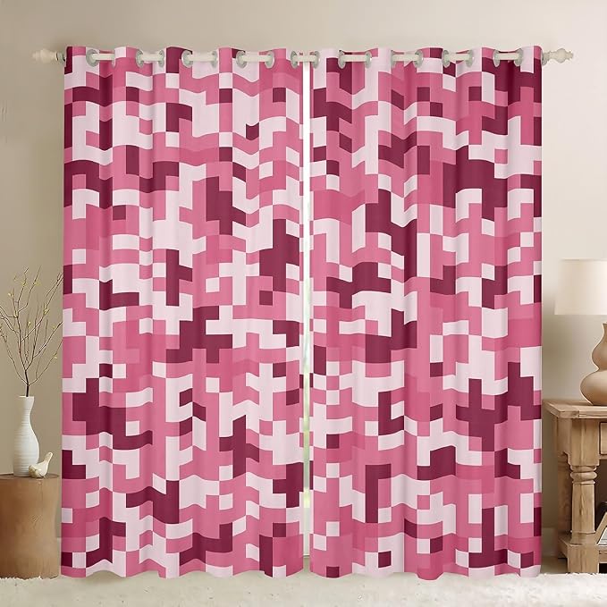 Castle Fairy Pink Checked Window Curtain,Pink Dark Camouflage Living Room Decor Curtains,Kids Boys Teens Geometric Plaid Window Treatment Modern Video Games Blackout Drapes 2 Panels,42Wx90L