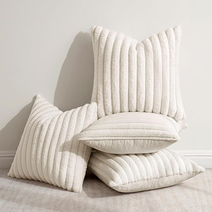 MIULEE Faux Fur Plush Decorative Throw Pillow Covers 20x20 Set of 4, Spring Modern Soft Fuzzy Striped Cushion Covers for Sofa Couch Bed Living Room Cozy Home Decor,Cream White