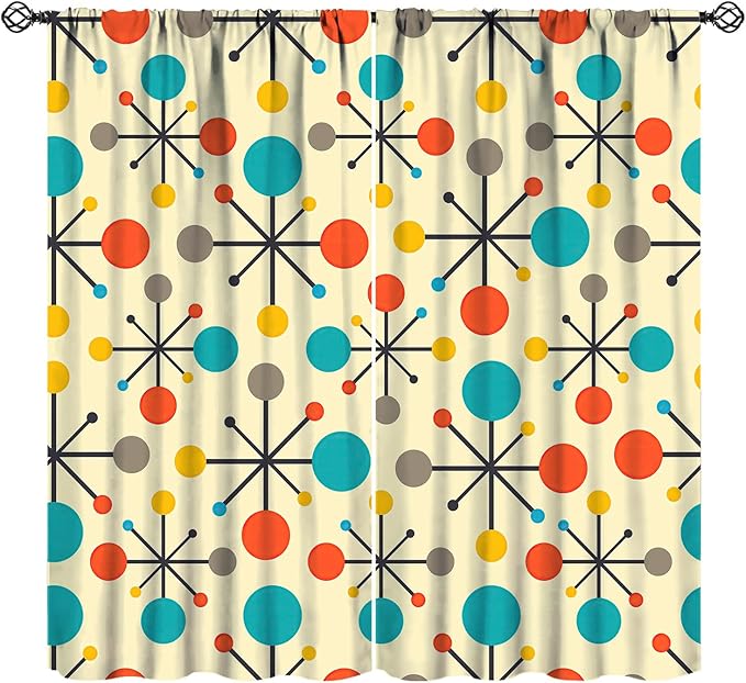 JESTRONRY Mid Century Curtains,Mid Century Fifties Modern Retro Colors Pattern Blackout Rod Pocket Window Drapes for Living Room Bedroom Kitchen Bathroom Home Decor 72x63in